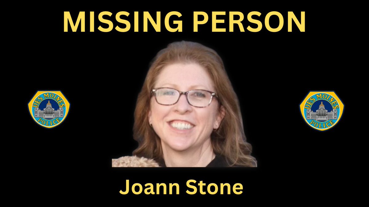DMPolice's tweet photo. Des Moines Police Department detectives are requesting the community’s assistance with locating a missing person. 

48-year-old Joann Stone was last known to be a medical facility in the 1600 block of 60th Street, West Des Moines, IA, at approximately 2:15 a.m. on 28 April 2023. https://t.co/Mmxq0kXrVa