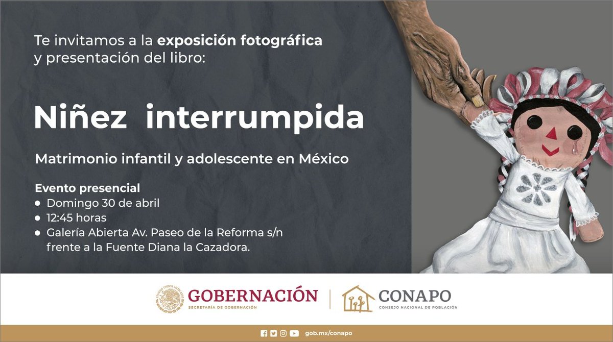 A_Encinas_R's tweet photo. Mañana 🗓️30 abril #DíaDeLaNiñaYelNiño asiste a la presentación del libro "Niñez interrumpida" Matrimonio infantil y adolescente en México.

⏰12:45 en el camellón lateral de Av. Paseo de la Reforma s/n y Praga https://t.co/n9Ia5IRv56