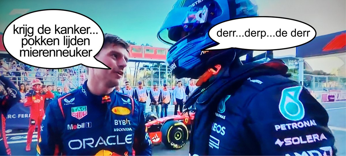 therealDJSoS's tweet photo. overheard after Russell's demonstration of his exceptional driving "ability"
@Max33Verstappen @F1  @GeorgeRussell63 https://t.co/4PdfYETTHq