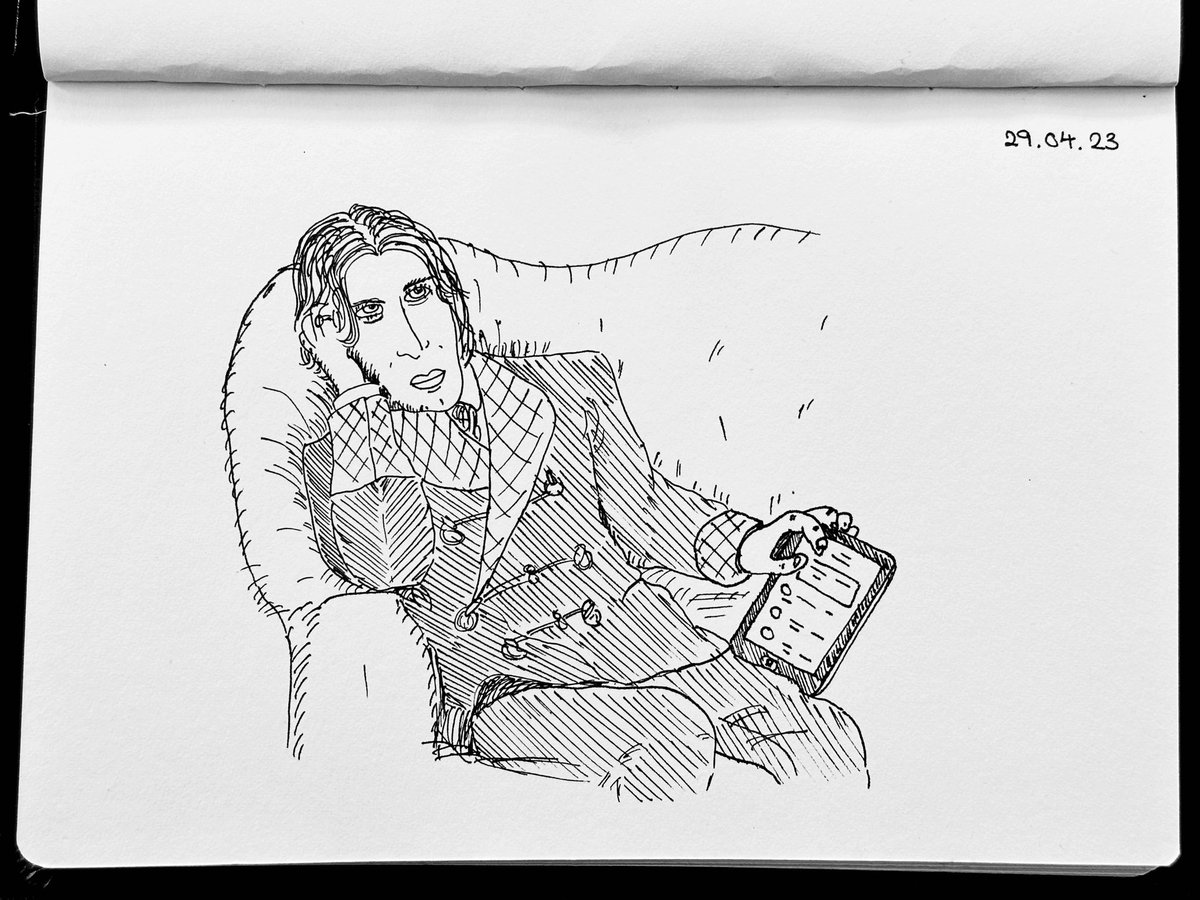 davekinghan's tweet photo. Sketch of Oscar Wilde reclining while composing a tweet on his iPad, c.1880s. Fun fact: Wilde’s pithy quotes were the perfect match for Twitter’s 140 character limit, and he was one of the first users to gain a million followers on the platform. https://t.co/Edlxz3ZDqY
