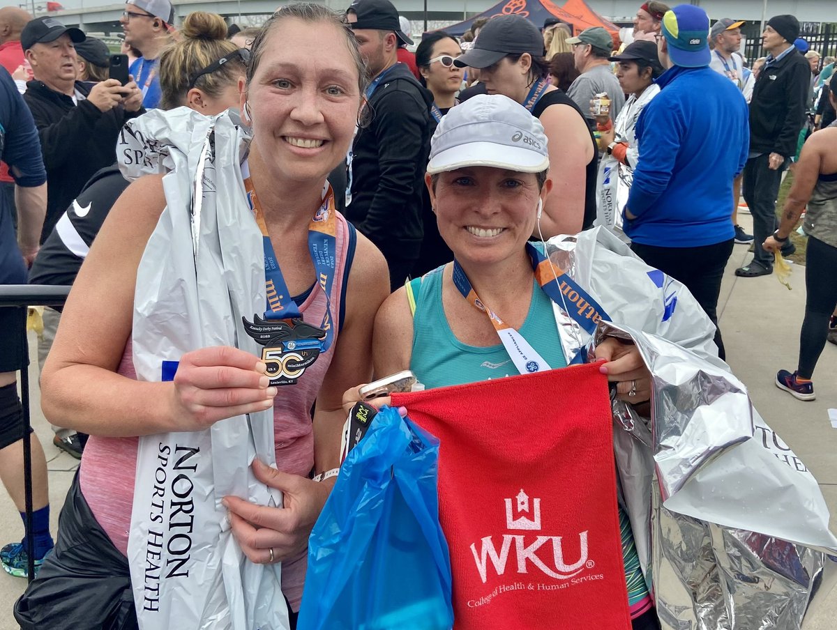 DrHoosierDawg's tweet photo. Amongst all the people, Marsha Hopper, one of our WKU colleagues, found us at the Derby Mini finish line and took this pic!!  CHHS Tops on Top!  #experiencechhs https://t.co/lfeeqM5yuH