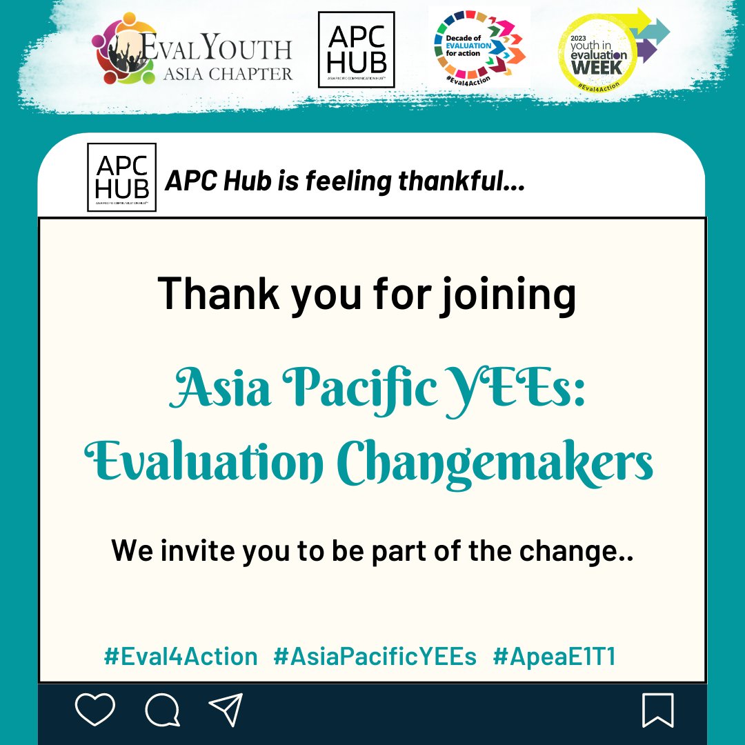 Thank you for joining us to celebrate our YEEs! 🙌🤩 

#APCHub #Eval4Action #YouthInEvalWeek #AsiaPacificYEEs @unfpa_eval @Eval_Youth
@EvalyouthAsia