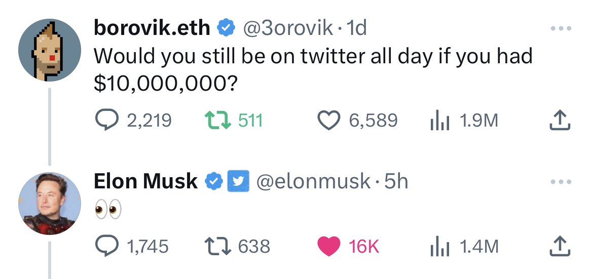 Elon reply guying on my tweet

My life is complete