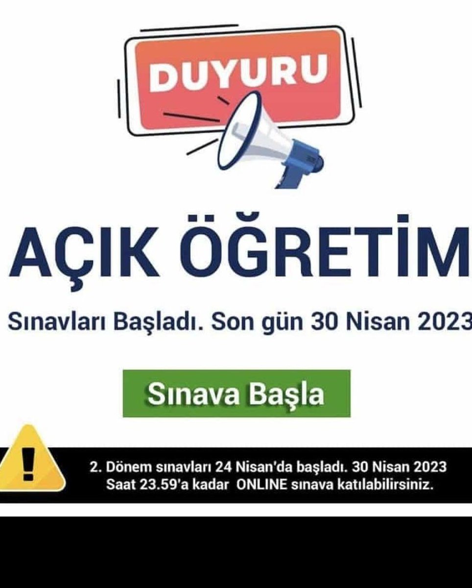 DUYURU ⚠️

Açık öğretim Ortaokul ve Lise Son gün ''30 Nisan''  saat 23:59 'da  Açık Öğretim sınavınıza girmeyi unutmayınız !

#açıklise #açıkortaokul

<a href="/tcmeb/">Millî Eğitim Bakanlığı</a> <a href="/SirnakValiligi/">T.C. Şırnak Valiliği</a> <a href="/sirnakmem73/">Şırnak İl Millî Eğitim Müdürlüğü</a> <a href="/valiosmanbilgin/">Osman BİLGİN</a> <a href="/Mirzacazim/">Mirza</a> <a href="/ismailzeyrek/">ismail zeyrek</a> <a href="/arif_kadirhan/">Arif KADIRHAN</a>