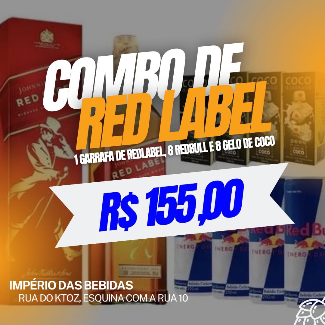 🥃 MEGA PROMOÇÃO 🥃

🥃 RED LABEL 1L
🔵 8 REDBULL
🧊 8 GELO DE COCO

Por apenas R$ 155,00