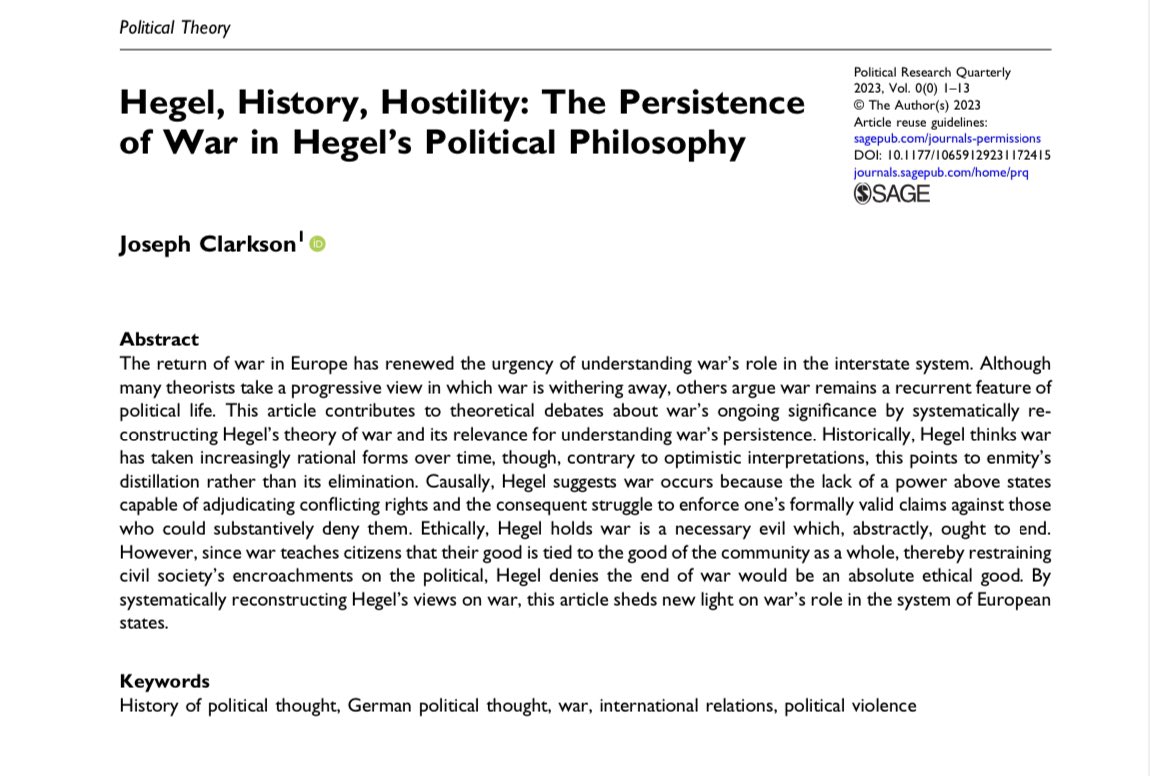 JosephPoliSci's tweet photo. I’m excited to announce “Hegel, History, Hostility: The Persistence of War in Hegel’s Political Philosophy” is out now @PRQjournal. I’m grateful for the reviewers for their helpful suggestions and to @TheIHS for a Graduate Student Sabbatical that helped make this possible. https://t.co/vI6gUejpt4