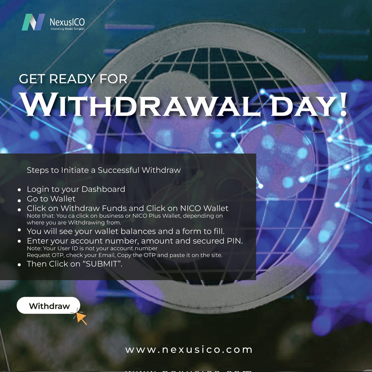 nexusico's tweet photo. Funds withdrawal has never been this easy! Get ready for Withdrawal Day with NexusICO, your trusted financial partner.
The process is simple, quick, and seamless to help you access your funds right away! 
Contact us at
🌐https://t.co/2qhEWvgyj9
#nexusico #cryptocurrency #bitcoin https://t.co/0YoarrGyQ8