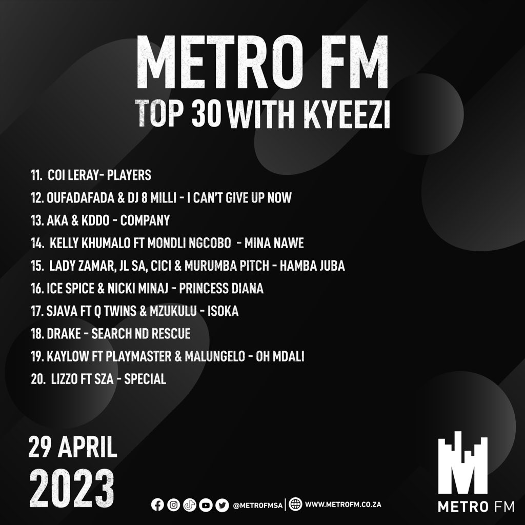 METROFMSA's tweet photo. The 30 biggest hits this week #METROFMTop30withKyeezi @kyeezi https://t.co/LeReTE6MF5
