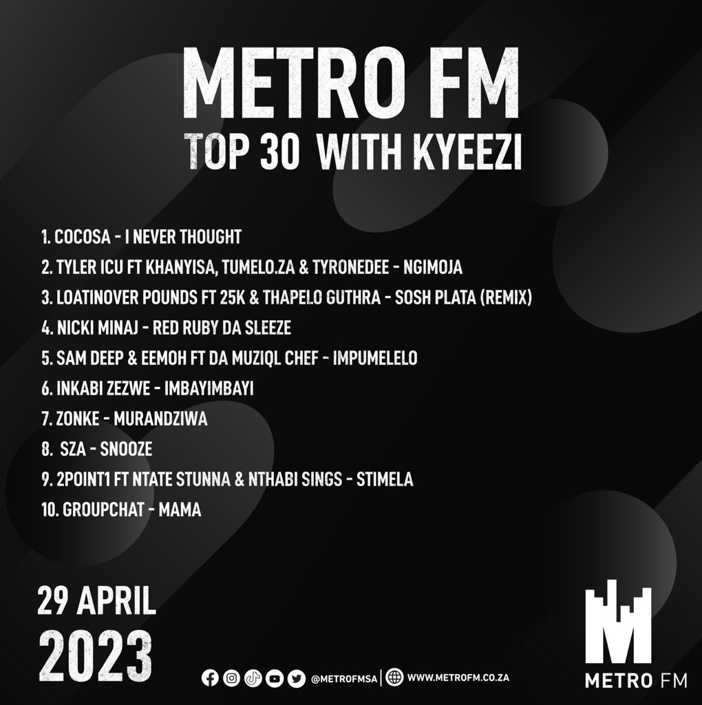 METROFMSA's tweet photo. The 30 biggest hits this week #METROFMTop30withKyeezi @kyeezi https://t.co/LeReTE6MF5