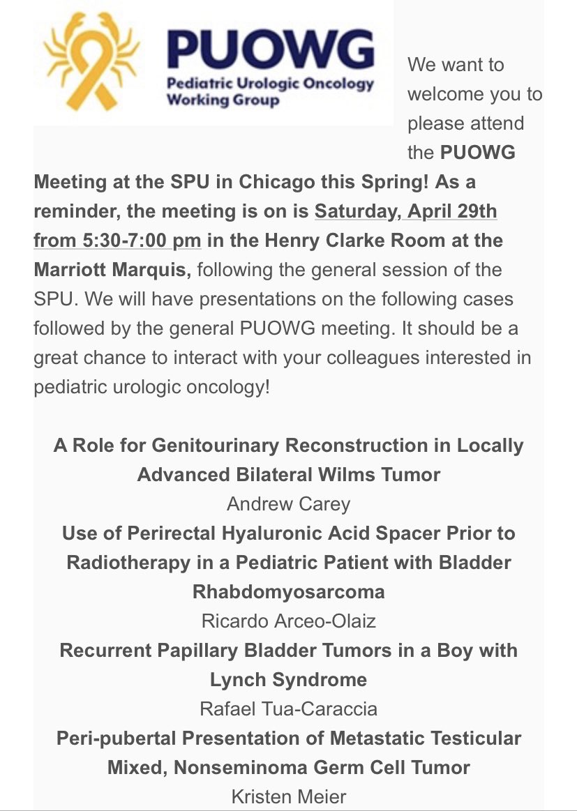 Watcha doing this evening at #AUA2023? Come check out some fascinating cases, meet new colleagues, and enjoy fantastic discussions! Tonight, at 5:30, at the Marriott. <a href="/PedsUroOnc/">Pediatric Urologic Oncology Working Group</a> hopes to see you there!