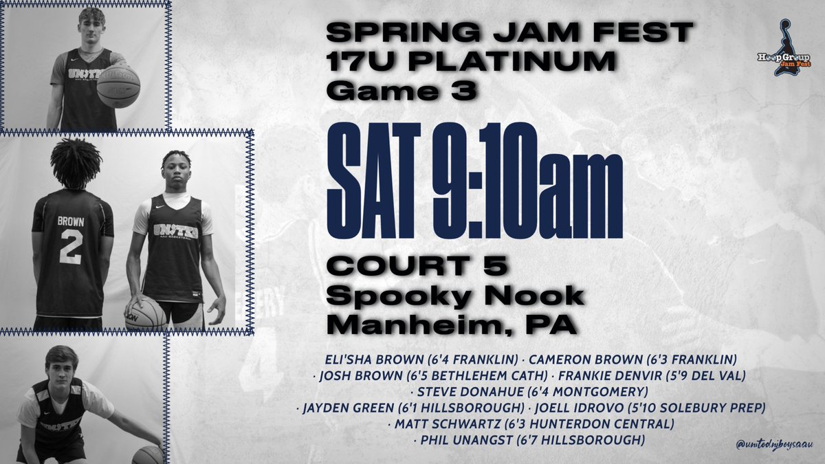 unitedNJaauboys's tweet photo. 🚨17U Platinum 🚨

Gm3 @TheHoopGroup 
Spring Jam Fest 

9:10am Court 5 
vs BW Elite HGSL https://t.co/HLxrUBYx2H