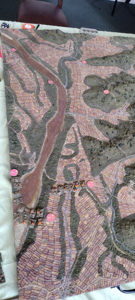 LooseAll's tweet photo. Chinese troops begin to advance after crossing the river Imjin. Each counter represents 300- 350 men. If you visit the museum this weekend you can help refight the battle with us. #6mm #wargaming #Imjin #glosters https://t.co/zZJffwKyRG