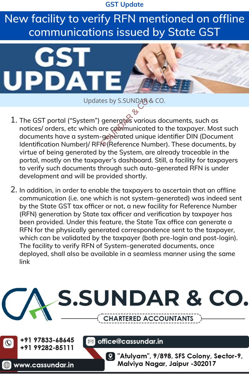 cassundar_2011's tweet photo. #GSTUpdate #
New facility to verify RFN mentioned on offline communications issued by State GST authorities https://t.co/k8aQ8vaexX