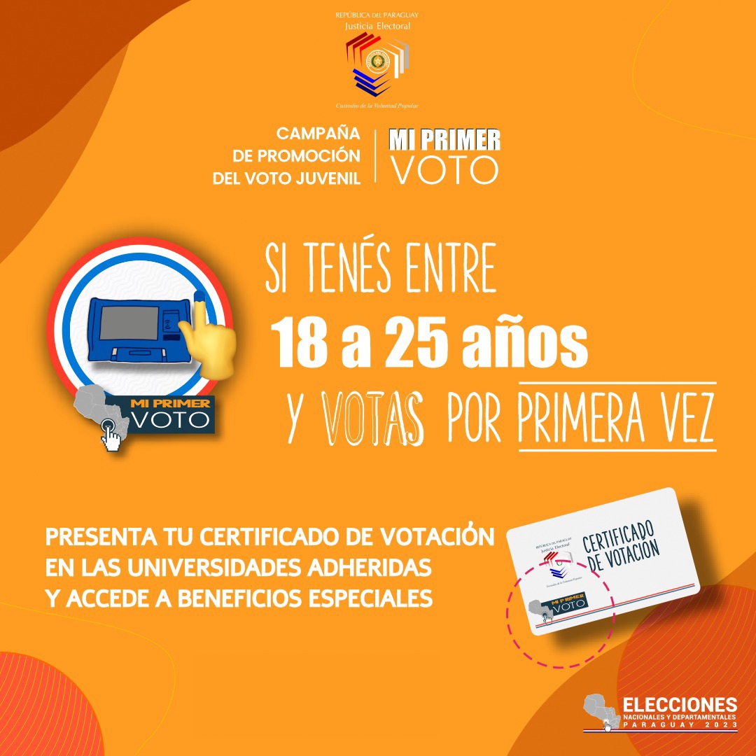 TSJE_Py's tweet photo. ¿Votás por primera vez y tenés entre 18 y 25 años?

¡Tú certificado de votación con el logo "MI PRIMER VOTO" tiene beneficios especiales, ingresá a https://t.co/DB3HHYkayU para conocer la lista de las universidades adheridas!

La democracia depende de todos nosotros 💪
#VotoJoven https://t.co/5GLjwoNUGO