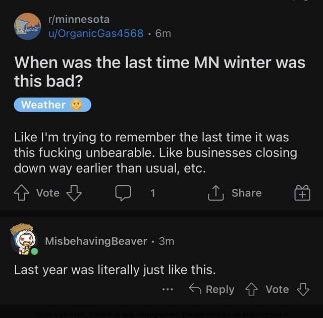 Discussions about MN winter in a nutshell 
-Minnesota is known for a cold winter season, with average temperatures below 32 degrees.
- Bring your heaviest coat and boots. 
- Always adjust your behavior to account for the weather conditions https://t.co/0w1YRx1DOG
