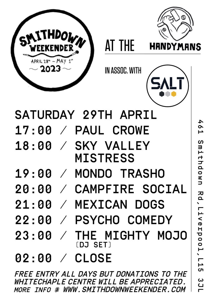 handymanSmarket's tweet photo. Today at the the @handymanSmarket the @SmithdownFest continues! @mrpaulcrowe @MondoTrasho1 @campfire_social @mexicandogs_ @The_Mighty_Mojo psycho comedy sky valley mistress! Great beer from @SaltBeerFactory &amp; @handymanbrewery &amp; loads more! https://t.co/RtZRNXL59Y