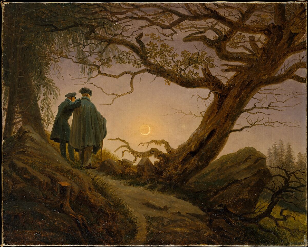 #thread

"Wherever we are in the world, we see the same moon. It’s the same moon earliest humans would have seen, waxing and waning, rising and setting...

Painting: Two Men Contemplating the Moon by Caspar David Friedrich