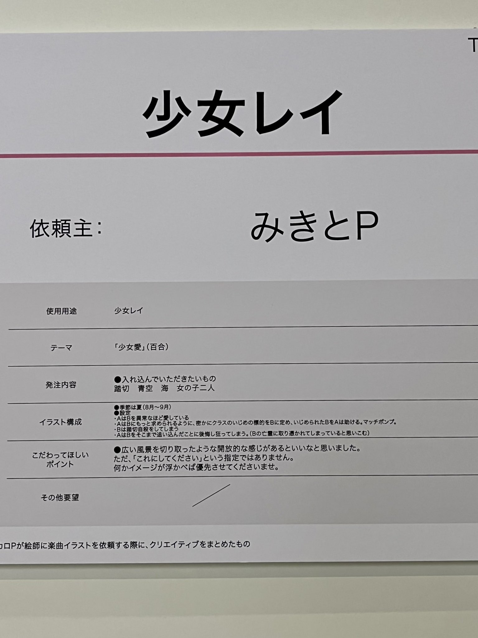 みきとP『少女レイ』オーダーシート