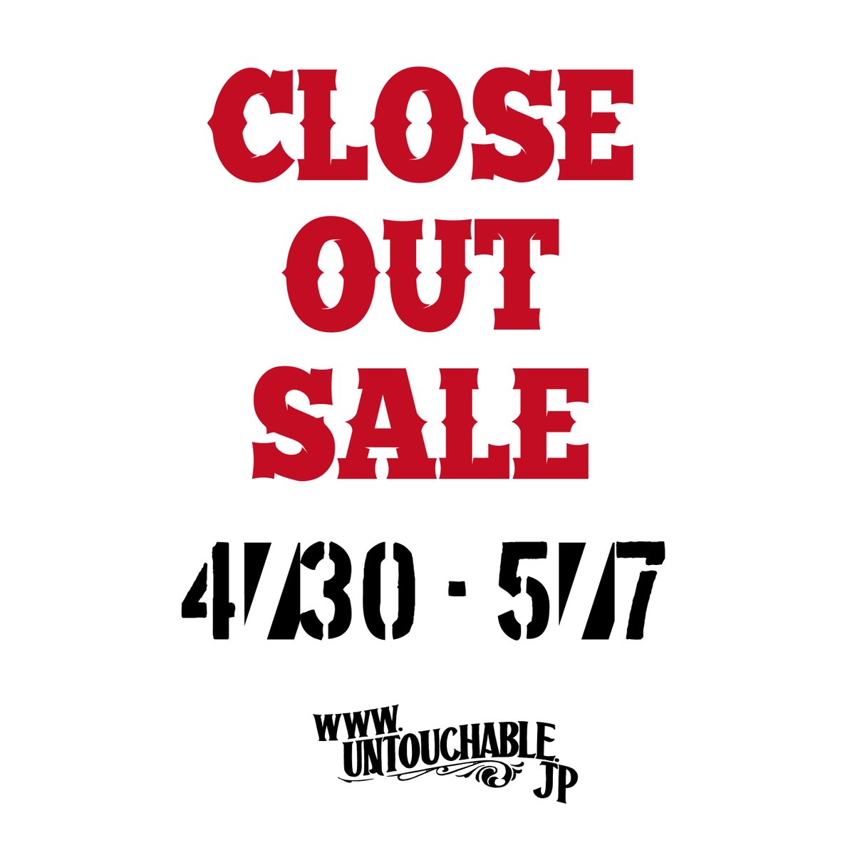 UNTOUCHABLEJP's tweet photo. 【CLOSE OUT SALE】
ゴールデンウィーク5/7をもちましてUNTOUCHABLEは閉店致します

お世話になった感謝も込めてゴールデンウィーク中は店内ほぼ全品が対象のセールを開催します

UP TO 90%OFF！ 言い値みたいな感覚で解放したいと思います！

残り8日間！お付き合いのほどよろしくお願い致します https://t.co/Dkjp6S1mWu