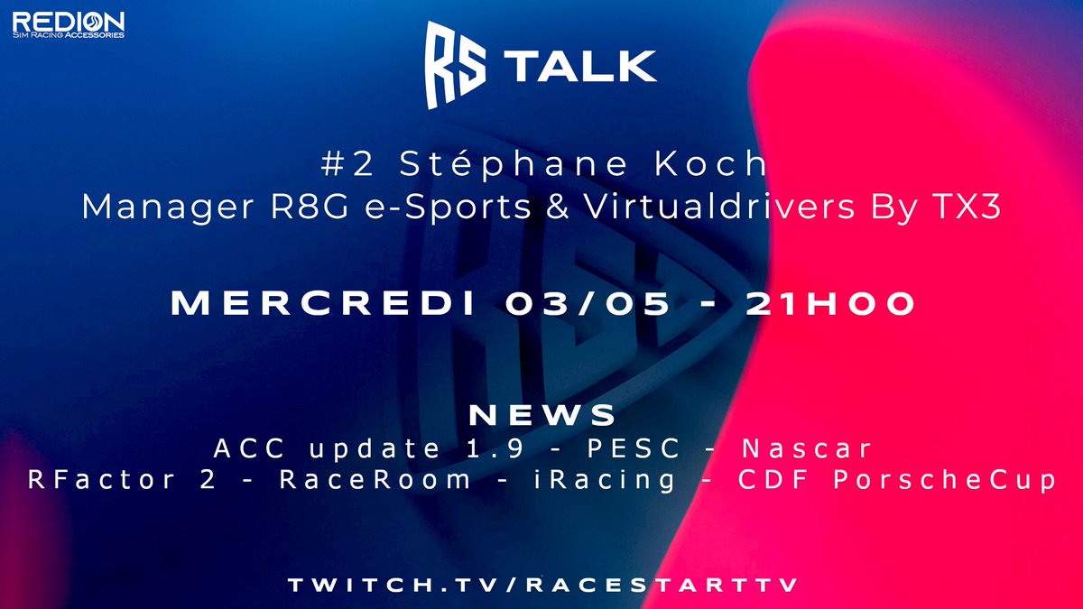 RaceStartTV's tweet photo. ANNONCE 😍🔥
Deuxième RS Talk ce mercredi 3 Mai à partir de 21h avec @StephaneKoch3 Fondateur/CEO des @VDbyTX3 et Co-fondateur/Team Manager de la @r8gesports
Nous parlerons de son parcours (entre autres)😉
RDV le 3/05 à 21h https://t.co/YZrf7ebByt
https://t.co/oMoSFrrF1G https://t.co/HIFjAOsNJi