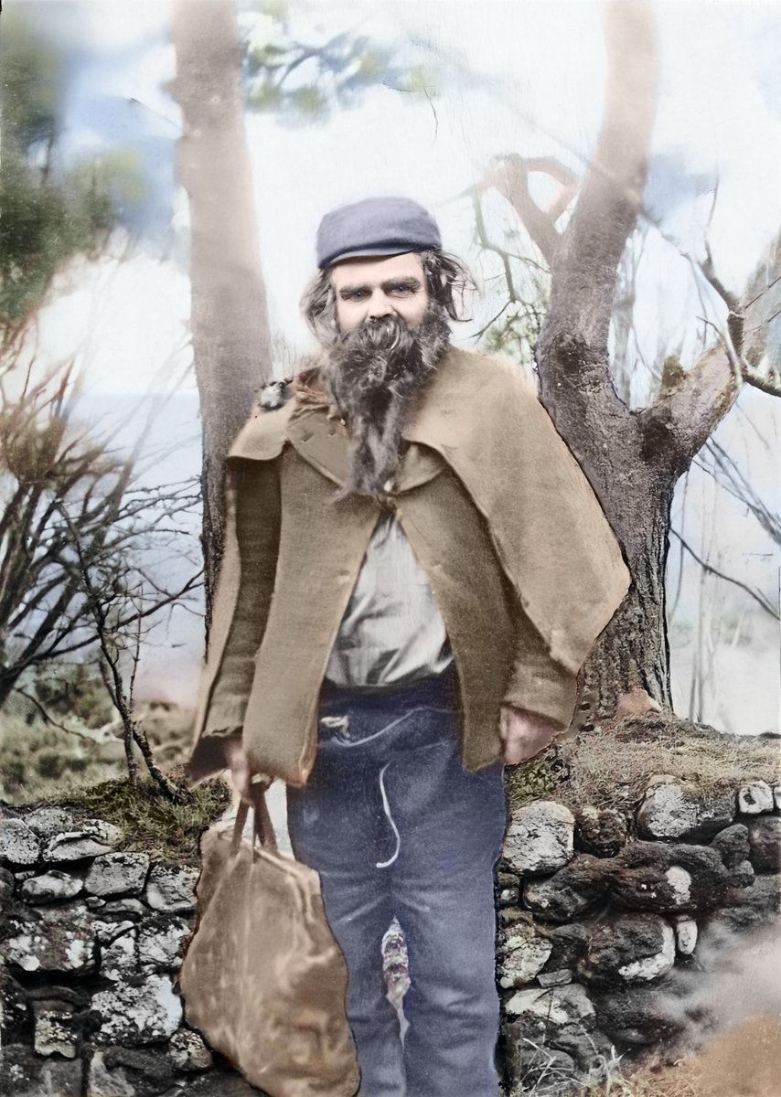 TainMuseum's tweet photo. “Davie Gogie”
I have tidied up and colourised an old photo of David Ross, otherwise known as “Davie Gogie” who lived in Calrossie Woods by Fearn for about 20 years. https://t.co/alH3qvAll4