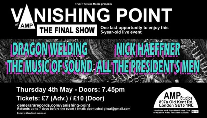 Graduates22's tweet photo. Can't wait for this one with @WeldingDragon @nickhaeffner & The Music of Sound (@TrustTheDocUK). Lots of great musicians will be in da house, from @stereolabgroop to @TheHighLlamas. All at this final @VanishingPntUK bash in #AMPStudios #OldKentRoad https://t.co/MeVJe48jyR