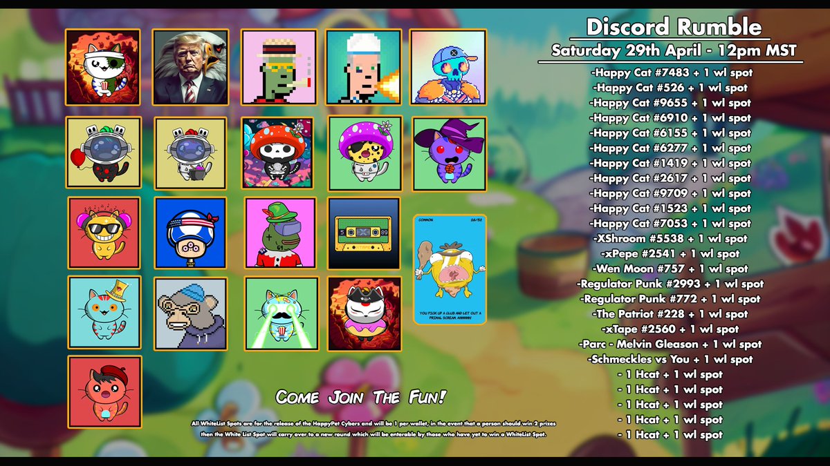 TheHappyCatsNFT's tweet photo. 🔥HUGE DISCORD RUMBLE EVENT DAY!🔥
https://t.co/nFdsCRrLFG

Starting at 12pm MST today!
25 prizes up for grabs! Including #NFTs from @xPEPENFT @xShroomsNFT @Schmeckles_XRPL @RegulatorsNFT @ApeRowboatClub @NFTxTrailblazer @xWenMoon  and @bigcjat! Plus $HCATS  Tokens and #NFTs AND WhiteList spots for the upcoming @hpcybers! 
You must own 4 HappyCat NFTs to enter for what will be a Rumble like no other!
A special thankyou to @xPEPENFT and @ApeRowboatClub for donating for today! you guys rock!

#XRPL $XRP #NFT #NFTCommunity #NFTGiveaway #NFTProject #NFTartwork #NFTfamily