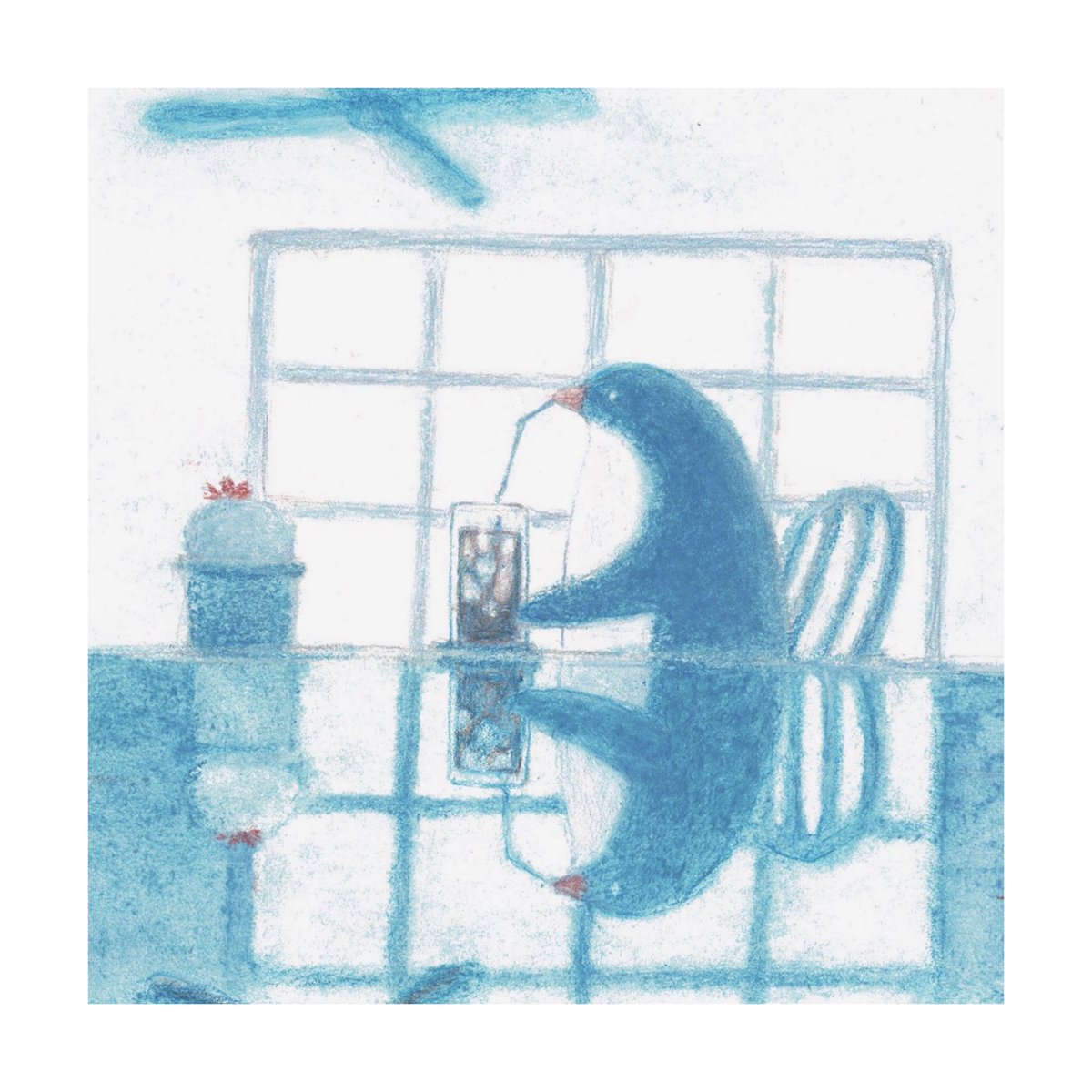 no humans penguin bird chair sitting drinking straw window  illustration images