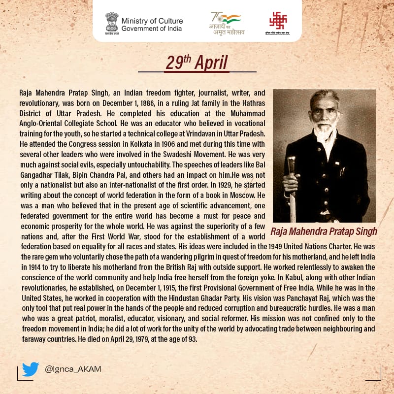Ignca_AKAM's tweet photo. #RajaMahendraPratapSingh #freedomfighter #MinOfCultureGoI #ignca_delhi #AzadiKaAmritMahotsav https://t.co/NiwhropZor