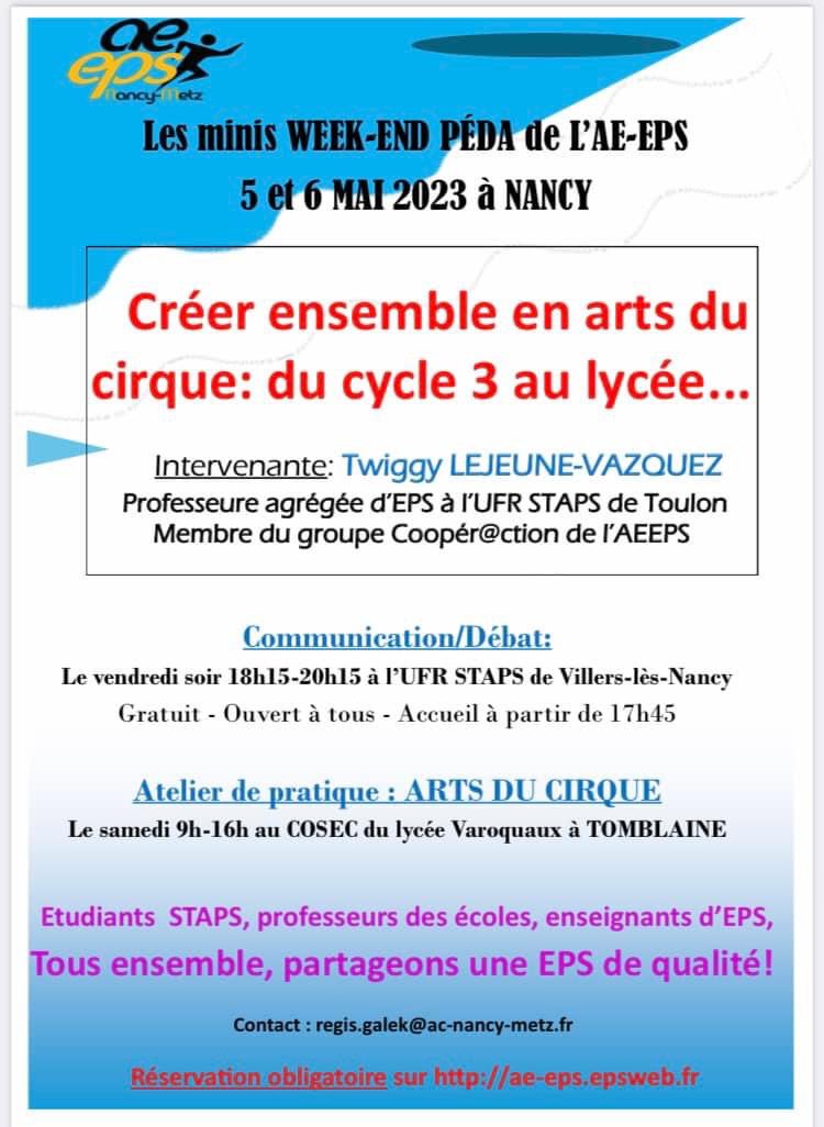 🚨Nouveau week-end péda pour l’AE-EPS Nancy-Metz
🤹‍♀️Thématique : Créer ensemble en arts du cirque, du cycle 3 au lycée présenté par Twiggy LEJEUNE-VASQUEZ
📆Le 5 et 6 mai 2023 à Nancy

Inscrivez-vous dès maintenant grâce au lien suivant : aeeps.org/aeeps/adhesion…