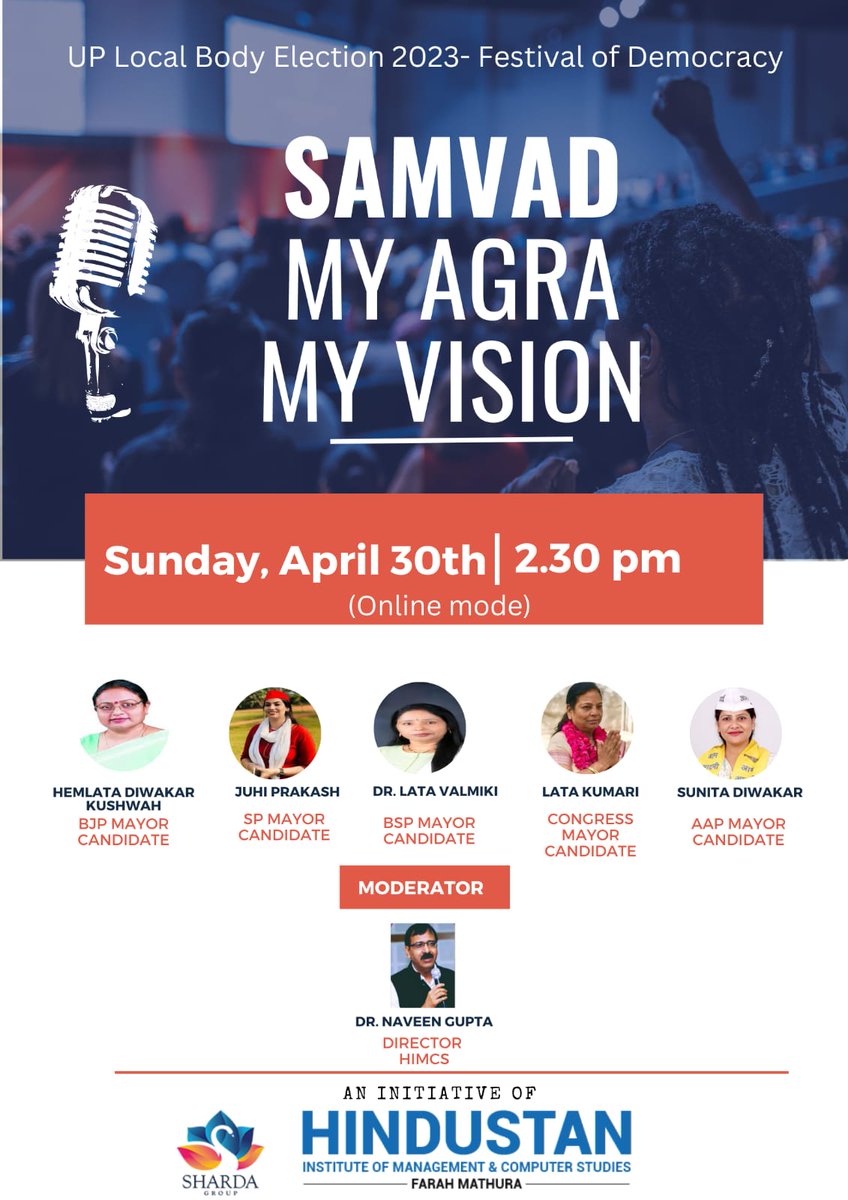 HindustanCampus's tweet photo. HiMCS is organizing 'Samvad : My Agra , My Vision' , a platform for all parties mayor candidates of Agra to share their plan of action for the development of the city.

#HIMCS #HindustanCampus #ShardaGroup #MyAgra #MyVision https://t.co/DmaAqWJCo8
