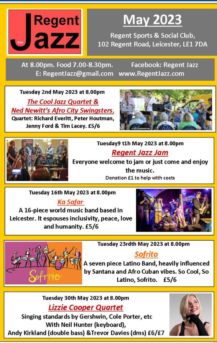 Details of the Club's #Jazz nights during May 2023.

#RegentJazz 
#Leicester