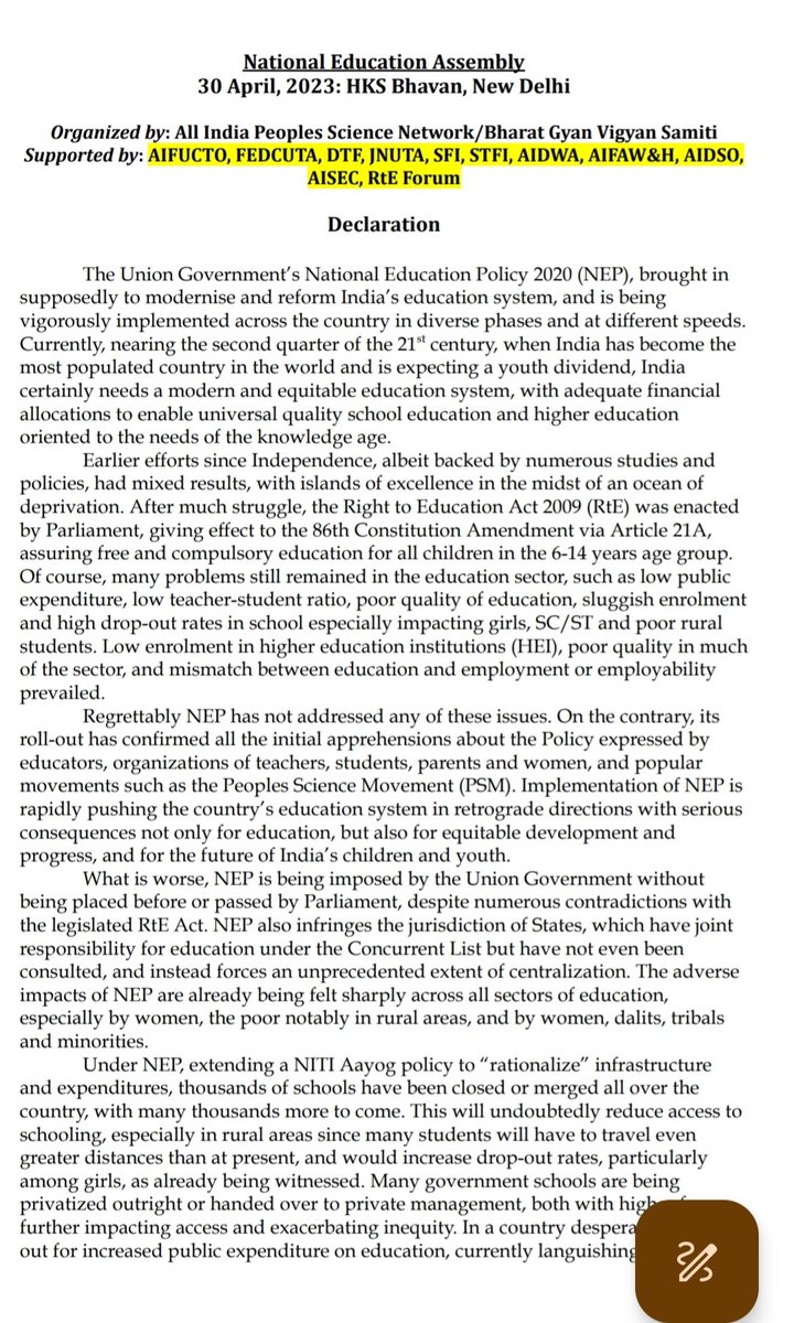 gsaipsn's tweet photo. Declaration at
#NationalEducationAssembly
April30 at NewDelhi
#AIPSN
#SaveEducationSaveTheNation
https://t.co/4KVzJokXV8
#RollBackNEP https://t.co/0Y7C9YzJPF
