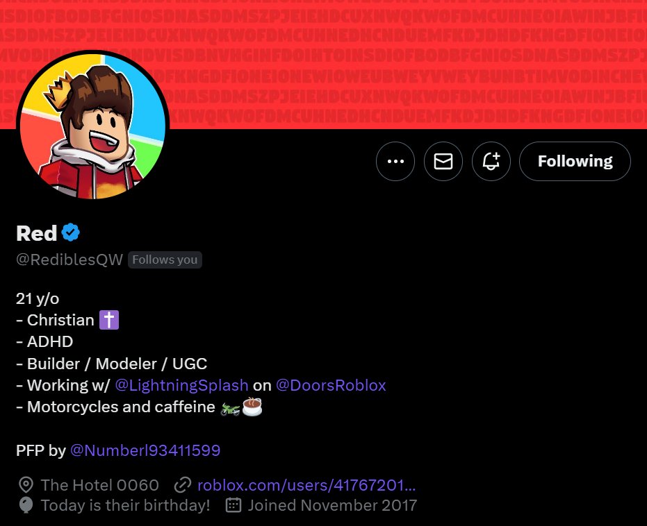 DiscussingDoors's tweet photo. Today is RediblesQW's birthday! 🎉 https://t.co/qm4sppVb3J