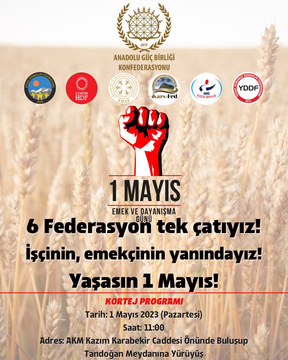 AnadoluGuc's tweet photo. 6 Federasyon tek çatıyız!
İşçinin, emekçinin yanındayız!
Yaşasın 1 Mayıs!
Gücümüzün birliğiyle alanlardayız! 

#AnadoluGüçBirliğiKonfederasyonu #Aydos #ÇorumHDF #ErzurumlularFed #KarsFed #KızılırmakFed #YDDF #1Mayıs #İşçiBayramı https://t.co/1pRTDziCEu