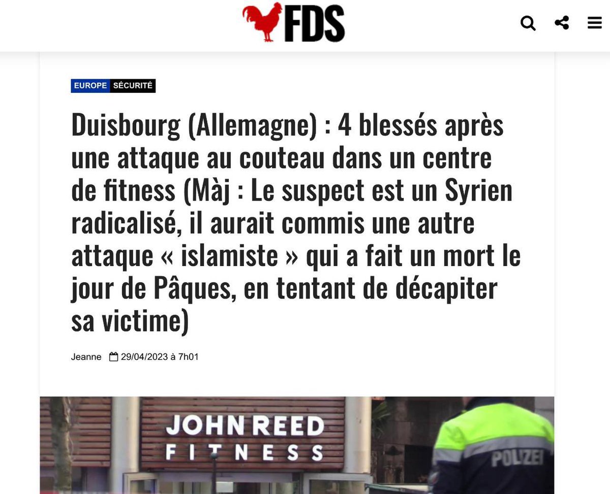 MarionMarechal's tweet photo. Vous ne verrez pas cette actu faire la une car, malheureusement, ce type d’attaque est devenu habituel. Là où nous aurions été saisis d’effroi il y a encore dix ans, les islamistes qui égorgent des passants font désormais partie du paysage en Europe. C’est terrible. #Duisbourg https://t.co/oIsELvd6Zm