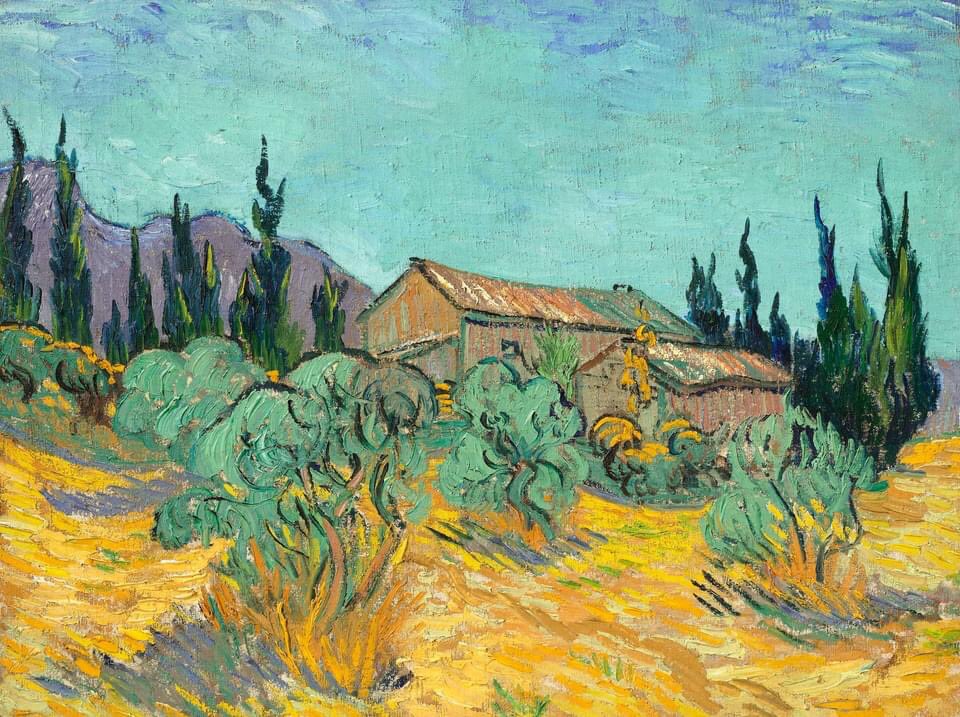 Vincent van Gogh - Wooden Huts among Olive and Cypress Trees , 1889