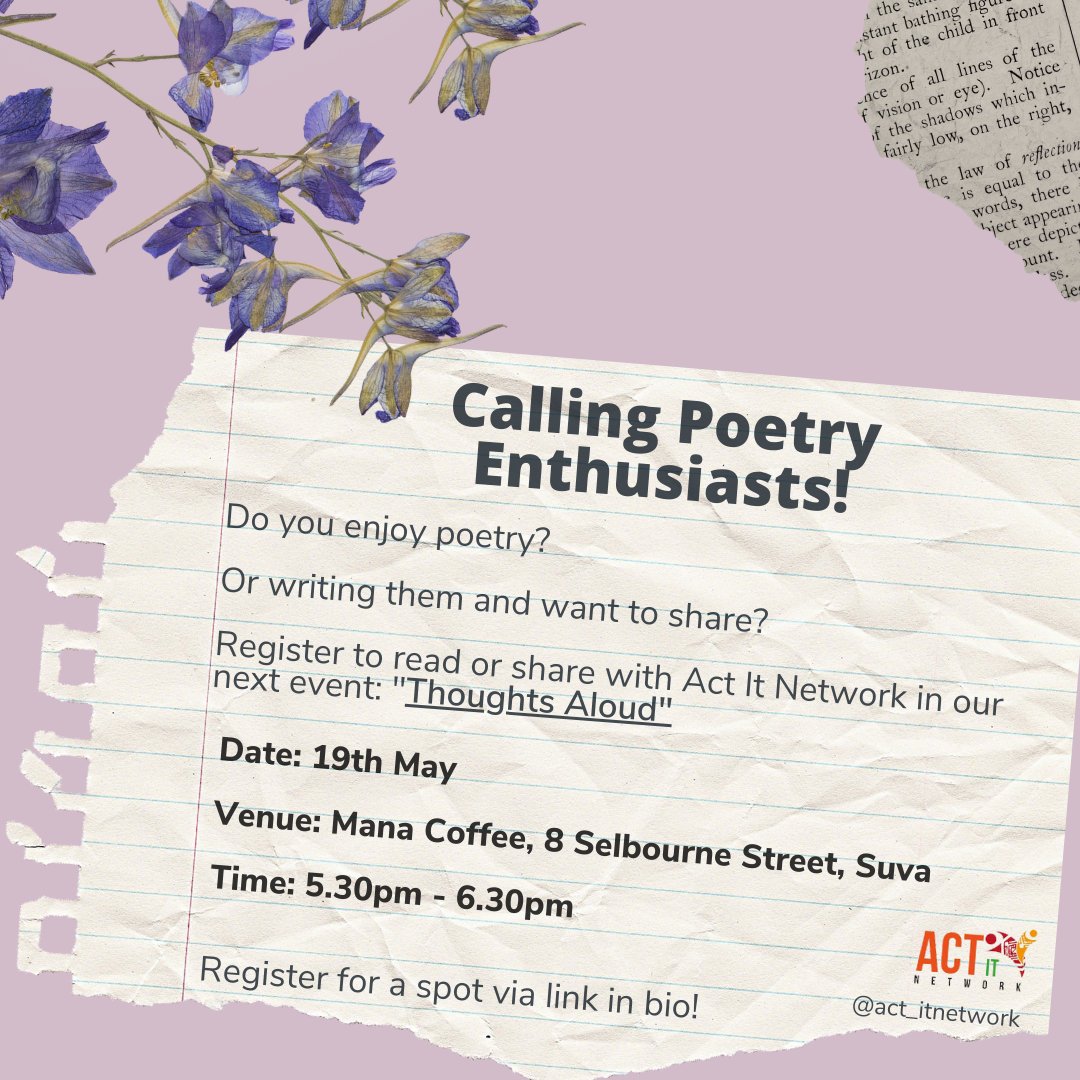 act_itnetwork's tweet photo. Register for your spot to present a Spoken Words/Poetry (Link in bio)

If you live out of Suva and want to share a video recording, please let us know so we can accommodate this as well.

No sign up is required for the audience!

#TeamFiji #poetrylovers https://t.co/rFYycE5Ywi