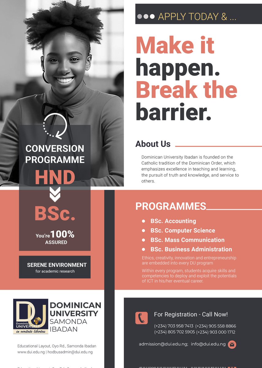 Apply today at Dominican University, Ibadan

#Ibadan #DominicanUniversity