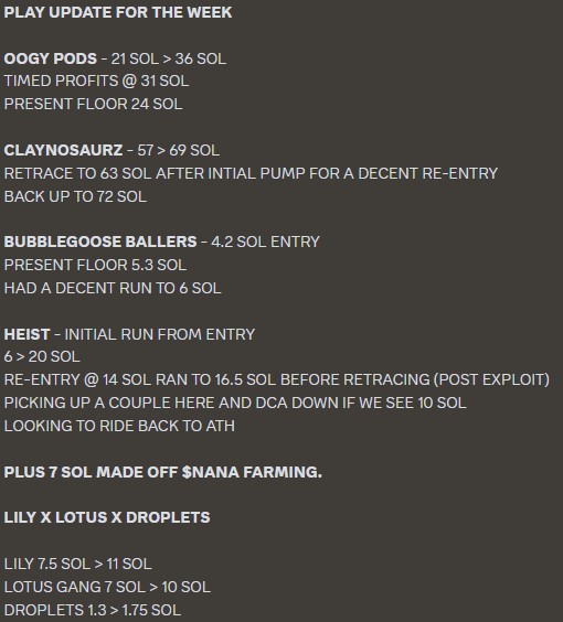 💀 HOLY 💀
What a moneyprinting week it's been so far:

<a href="/Claynosaurz/">Claynosaurz</a>, 57 SOL > 69 SOL
<a href="/oogyNFT/">oogy</a> pods, 21 SOL > 36 SOL
<a href="/playtheheist/">The Heist</a>, 6 SOL > 20 SOL

😈 Members within the Syndicate are printing hard 😈