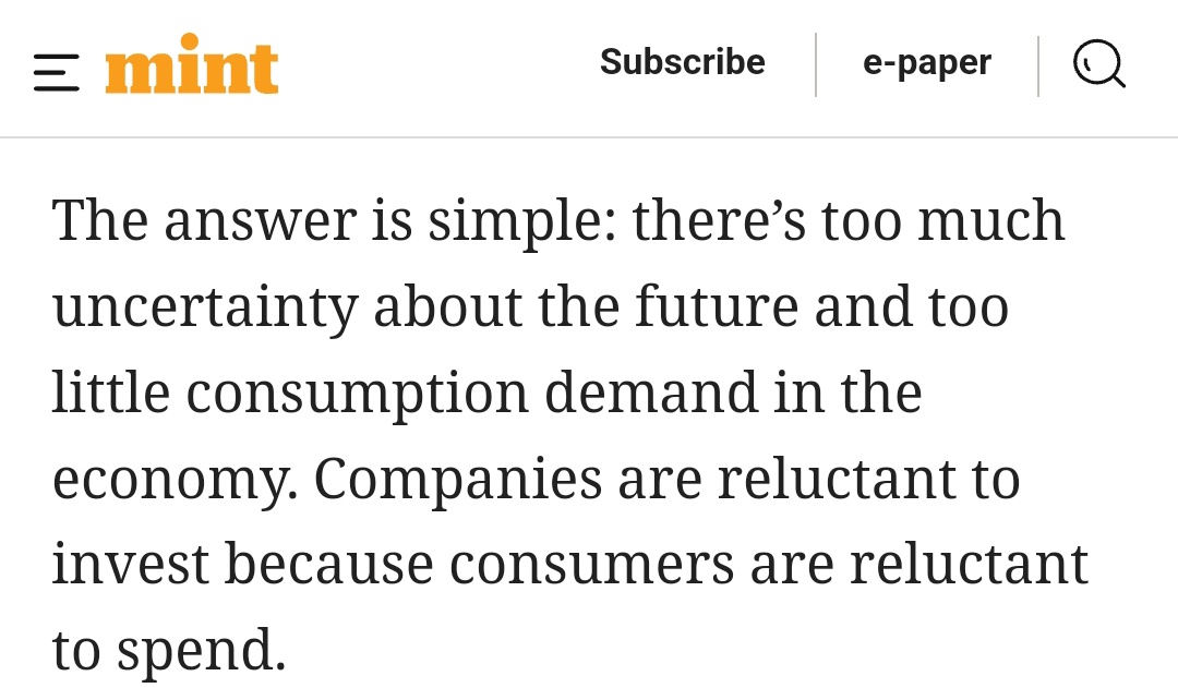 geetv79's tweet image. Private capital expenditure collapsed under Modi, with stagnation of capacity utilization by industries due to lack of demand. 

Lack of demand is because purchasing power of Indians has been reduced, due to high taxes, fallen incomes &amp;amp; high unemployment.

#ModiMadeDisaster