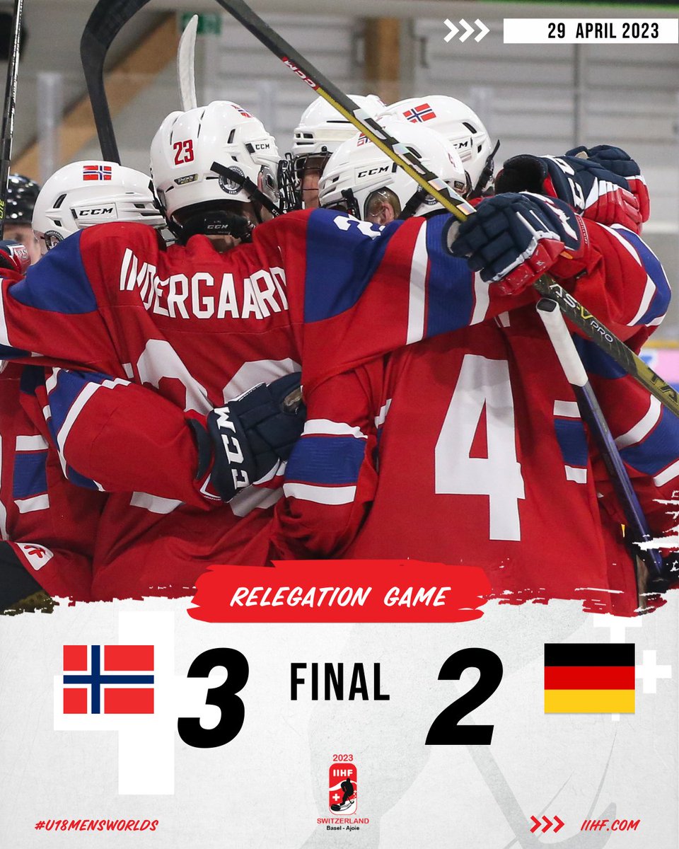 IIHFHockey's tweet photo. 🇳🇴 @norskishockey wins also the second relegation game and secures the stay in the Top Division! 🏒 Germany relegated to Division IA. #U18MensWorlds 

Read full story: https://t.co/oZIOf8xyUj https://t.co/EYzYu7Iyox