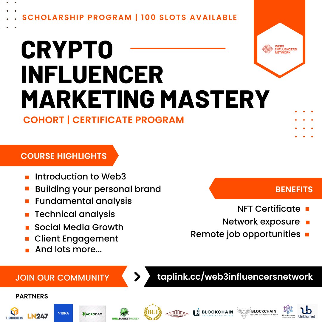Crypto Influencer Marketing Cohort 1 is supported by the following brands. 
Register Now: bit.ly/WINCOHORT1 

@bullmarketmoney <a href="/subwalletapp/">SubWallet</a> <a href="/Vibrafrica/">Tostoni</a> <a href="/BEI_edu/">BEI CONSULTANCY LIMITED</a> <a href="/lightblocksNews/">LightBlocks</a> <a href="/thebridgelight/">The Bridge Light Africa</a> <a href="/BchainUNILORIN/">BLOCKCHAIN UNILORIN || #BUCH24</a> @BlockchainFUG <a href="/BlockchainFul/">Blockchain FUL</a> <a href="/ln24_7/">LN247</a> @BC_Unblurred <a href="/agro_dao/">AgroDao</a>