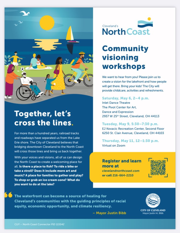 CLEcityplanning's tweet photo. Tell us what you think about the North Coast lakefront! 

Bring your kids too-we have on site child care and the 🧒🏿👧🏻👦🏽 will share their thoughts in their own way.  

Next Sat May 6
2-4PM at Pivot Center

Tues May 9
5:30-7:30PM at Kovacic Rec

Thursday, May 11
12PM, virtual https://t.co/tOPQmYPgEs