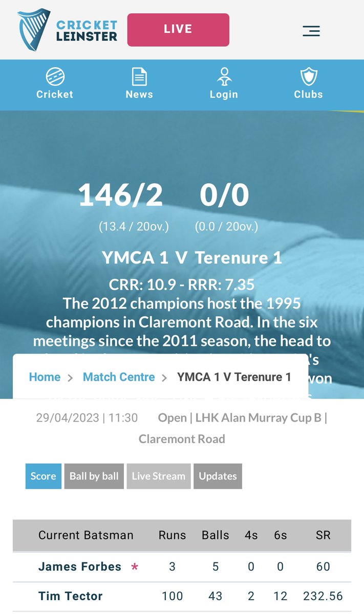 CENTURY ALERT!

Tim Tector has just blasted a century for <a href="/YMCACCDublin/">YMCA Cricket Club</a> off just 43 balls in their LHK Alan Murray Cup match against <a href="/TerenureCC/">Terenure Cricket Club</a> 🤯

Keep abreast of all the latest scores here: 

➡️ Leinster bit.ly/CLLiveScores
➡️ Munster bit.ly/MCULiveScores
➡️ North West