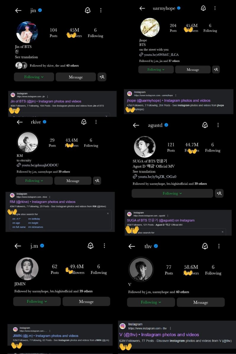 vantemims's tweet photo. Hello @InstagramComms @instagram, BTS members profile @/jin @/uarmyhope @/rkive @/agustd @/j.m @/thv shows more followers on Google search than what it's displayed in the Instagram app please fix this issue with their accounts. https://t.co/103QNfWTai