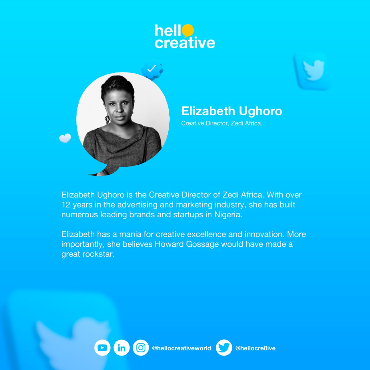 hellocre8ive's tweet photo. Meet Our Speakers!

Elizabeth Ughoro would be speaking at "AI and the Future of Creatives" 7pm today.
Set reminder👇🏼:  https://t.co/4Or8JRJq1l

#TwitterSpace #creative #ai #Artificial_Intelligence #OpenAI #midjourney #Marketing #advertising #agency #Copywriting #design #art #ng https://t.co/7XxzEU28f5