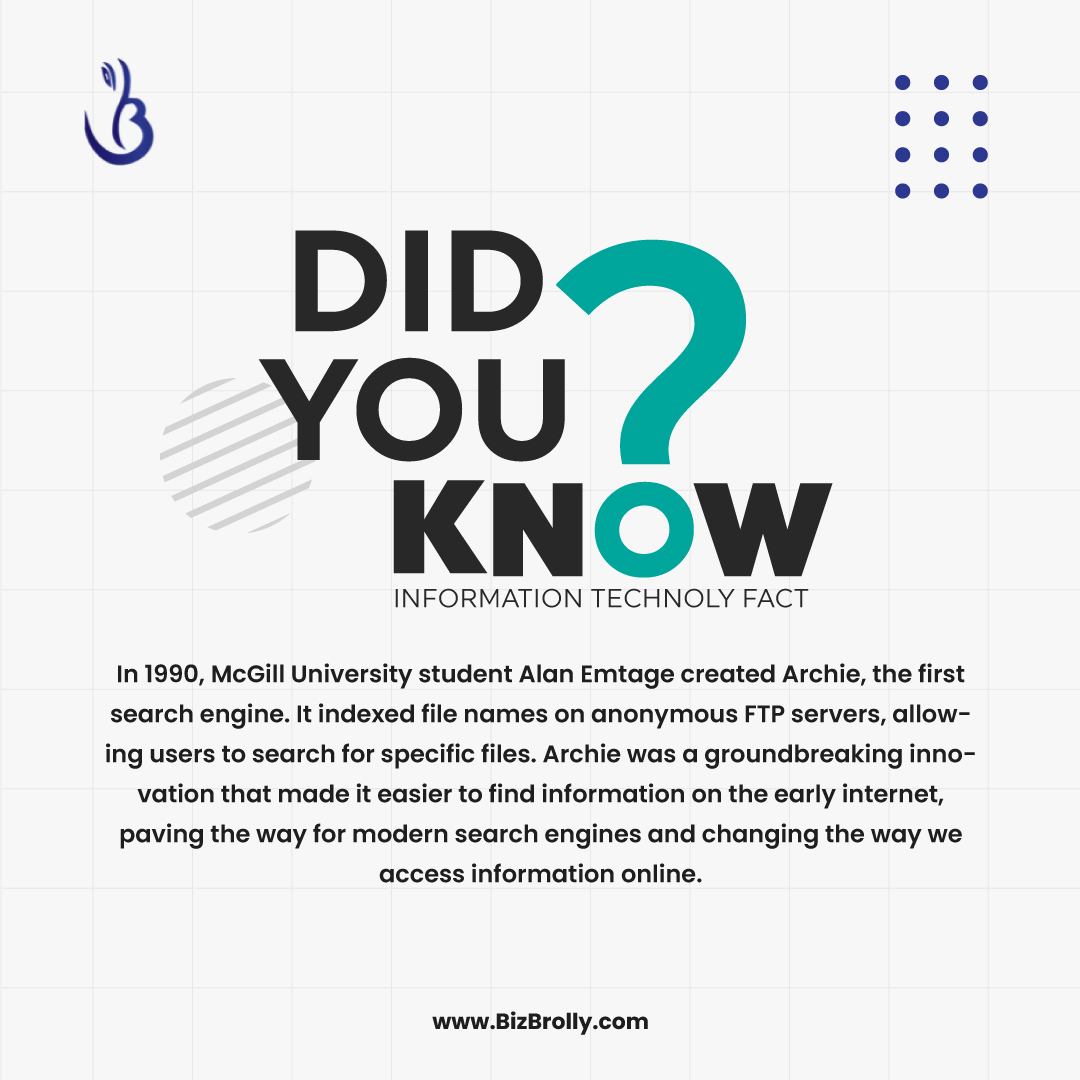 Did you know that the first search engine was created by a student in 1990? Alan Emtage's invention, Archie, indexed file names on anonymous FTP servers and revolutionized the way we access information online.
.
.
#BizBrolly #searchengine #Didyouknow #internetinnovation