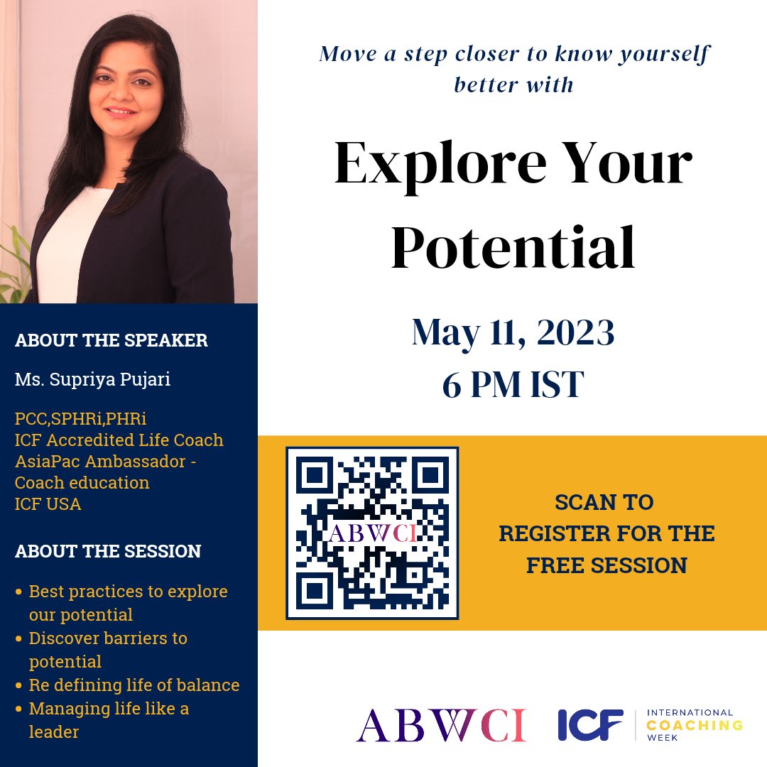 abwci_global's tweet photo. ABWCI & Supriya's Life Coaching Centre are co-hosting a session on "Explore your Potential" this International Coaching Week 2023.
Scan the QR code to register for FREE or click: https://t.co/EbrOCT7DQ5
@ICFHQ
#WE4B #WEaretheFuture #intenationalcoachingweek2023 #icw #icw23 #icf https://t.co/J7qUfr67ZT