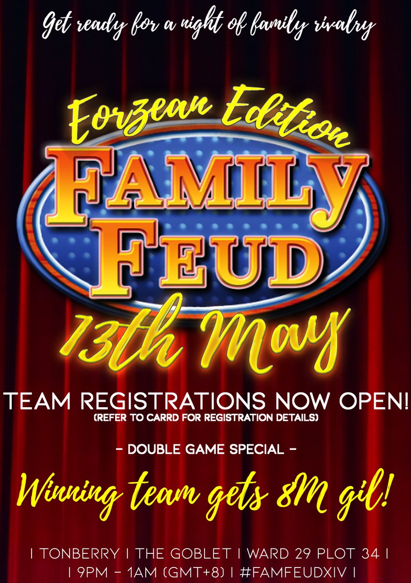 Registrations are now open! 
We will be hosting two games this opening, and the ballot will be for the second game at 10.30/11pm till closing.
Details: familyfeudxiv.carrd.co/#participation

Registration closes on May 8, 6pm. Grab your friends, form a team, and join us today!